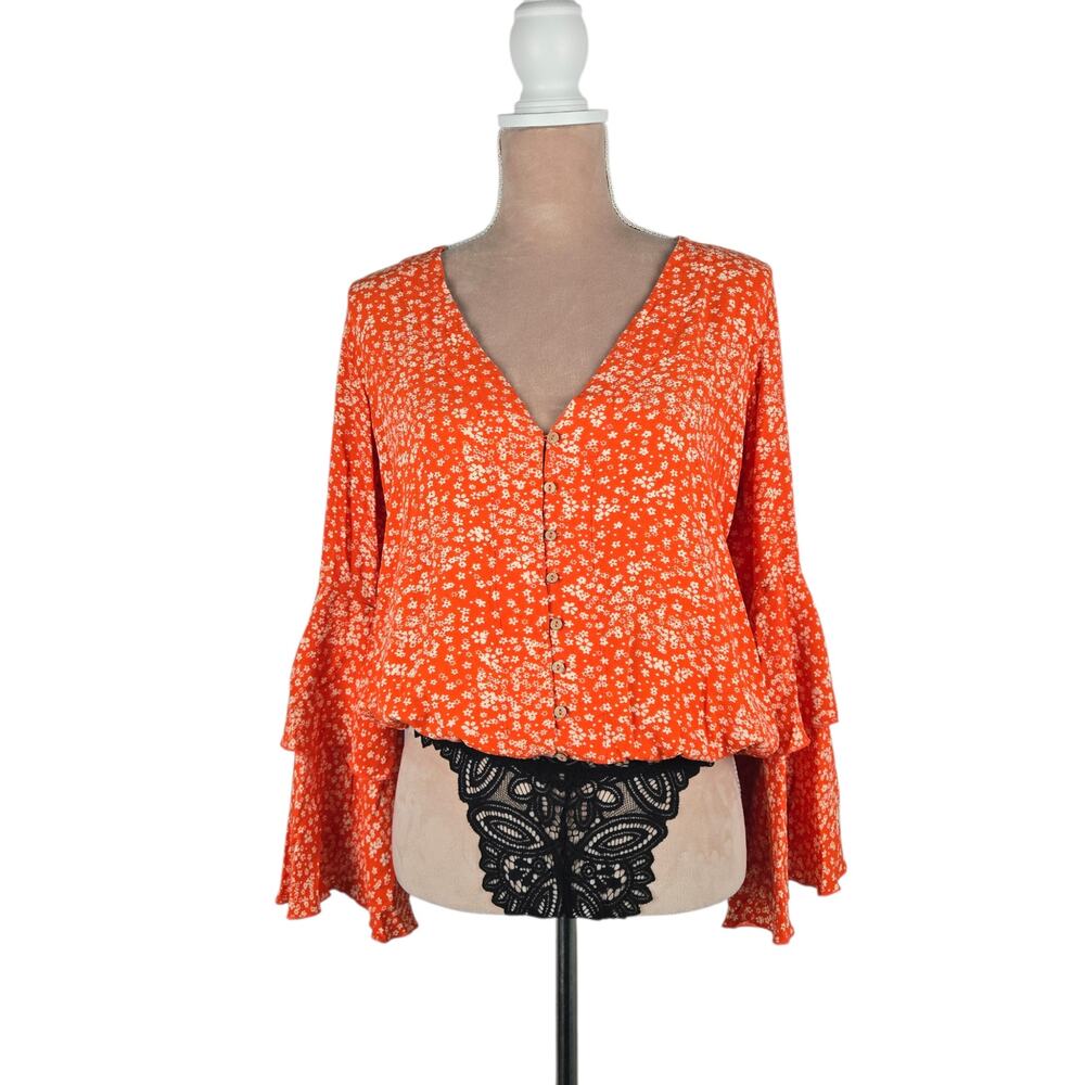 Free People She's Ditsy Orange Bodysuit Ruffle Sleeve Size Small